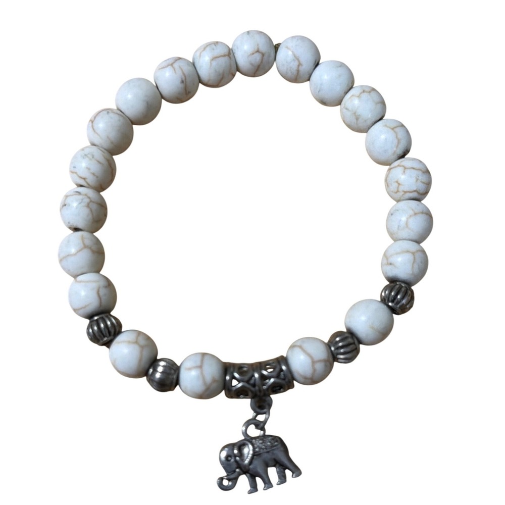 White Howlite Style Beaded Stretch Bracelet Silver Elephant Charm‎ Boho  Novelty